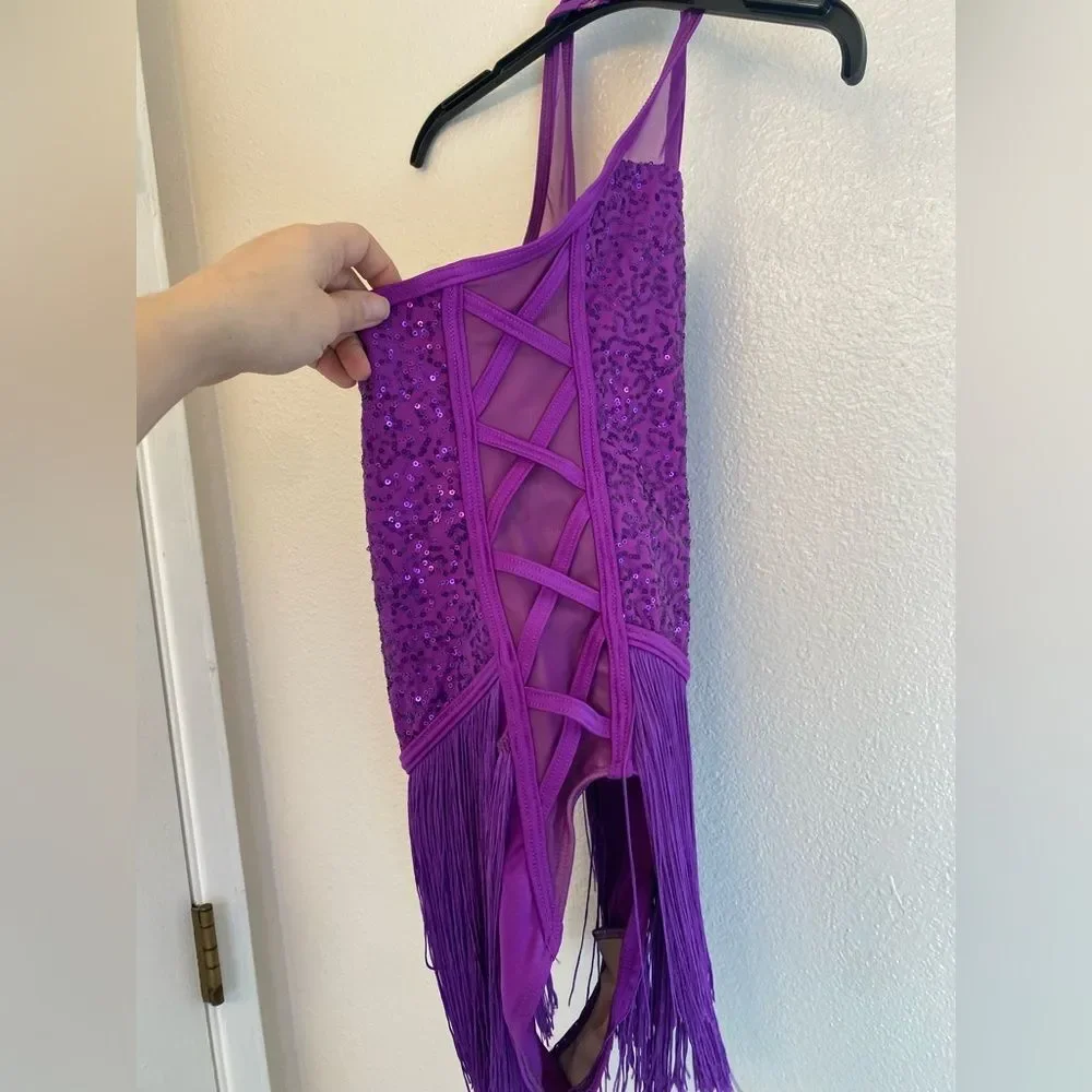 WEISSMAN Dance purple sequin fringe Costume Sequin Fringe Halter Dress D11806 SA